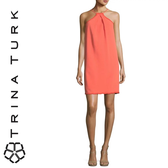 Trina Turk Scalloped Halter Mini Dress Coral Orange Crape Size 12 Spring Summer - Picture 4 of 16